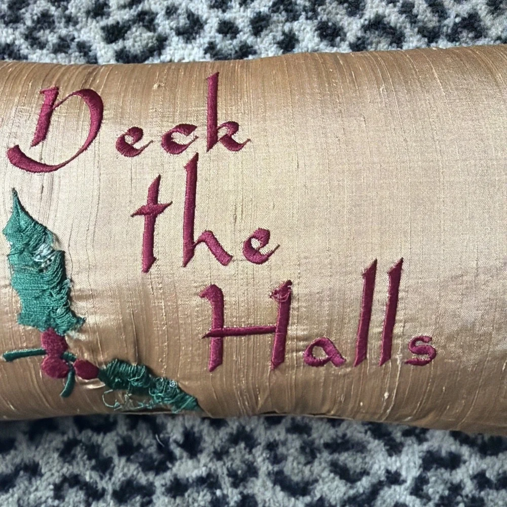 Christmas Deck the Halls Lumbar Pillow Gold Silk Fringe Embroidered VTG 1950s